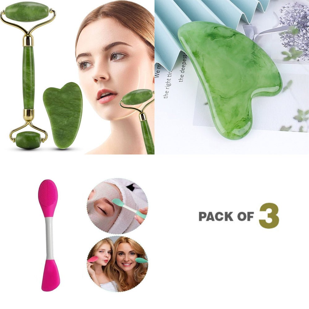 3-in-1 Radiant Skincare Set – Jade Roller, Gua Sha & 2-in-1 Mask Brush - The Nexa Shop